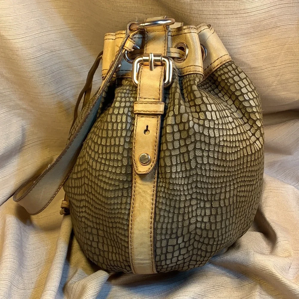 Fossil leather draw-string bucket shoulder bag